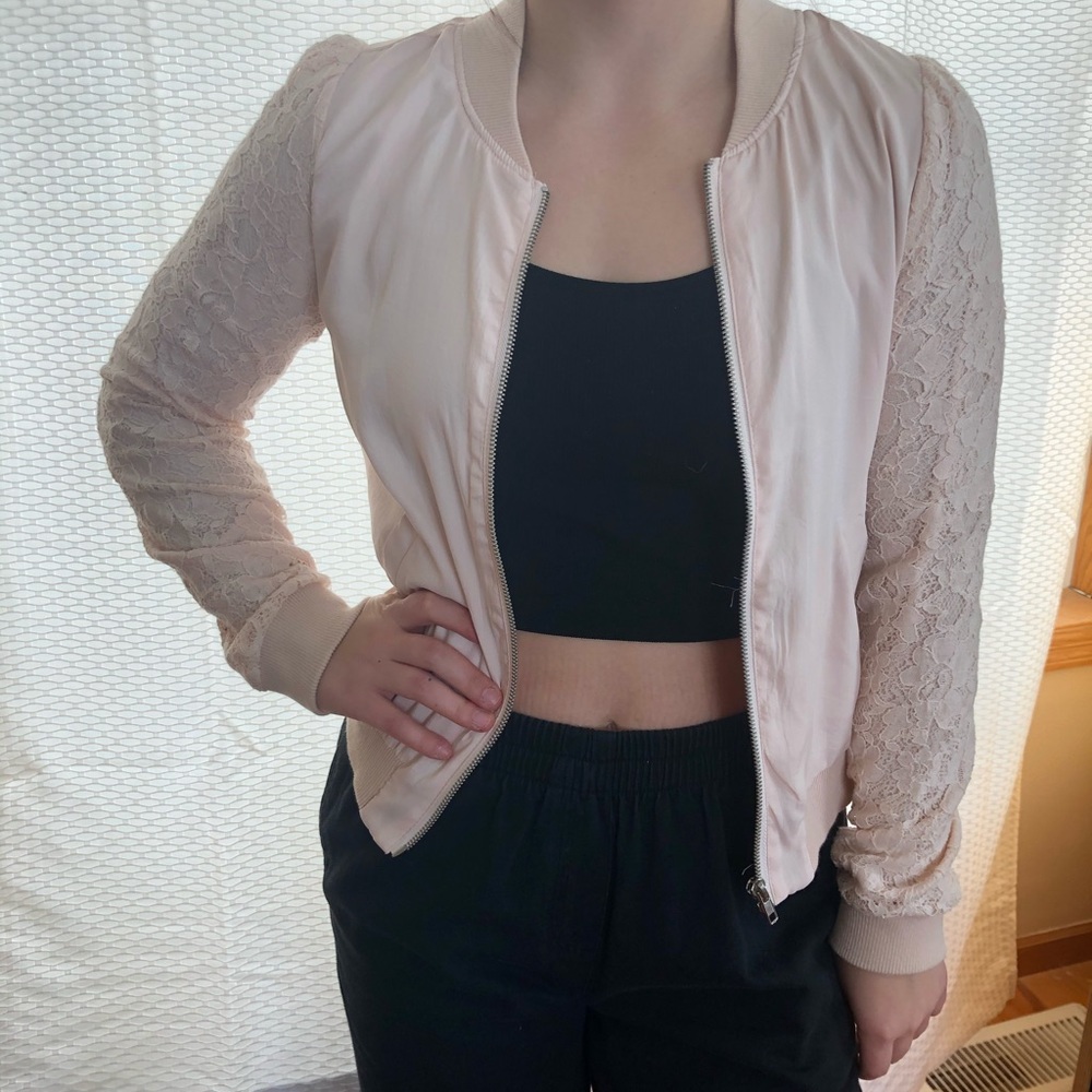 lace bomber jacket pink